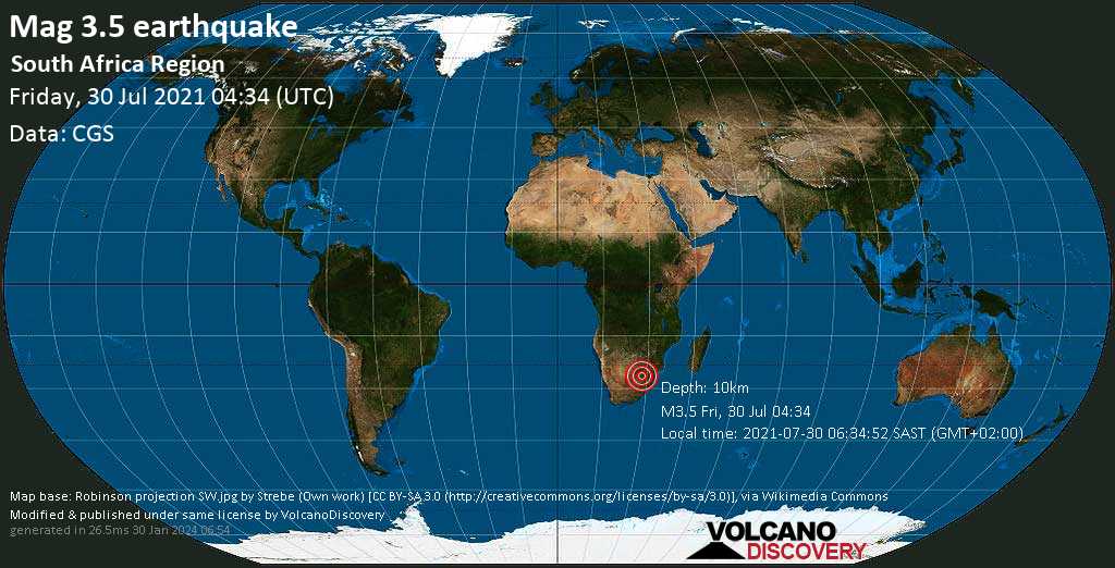 Слабое землетрясение маг. 3.5 - 4.3 km к юго-западу от Боксбург, Южно-Африканская Республика, 2021-07-30 06:34:52 SAST (GMT+02:00)