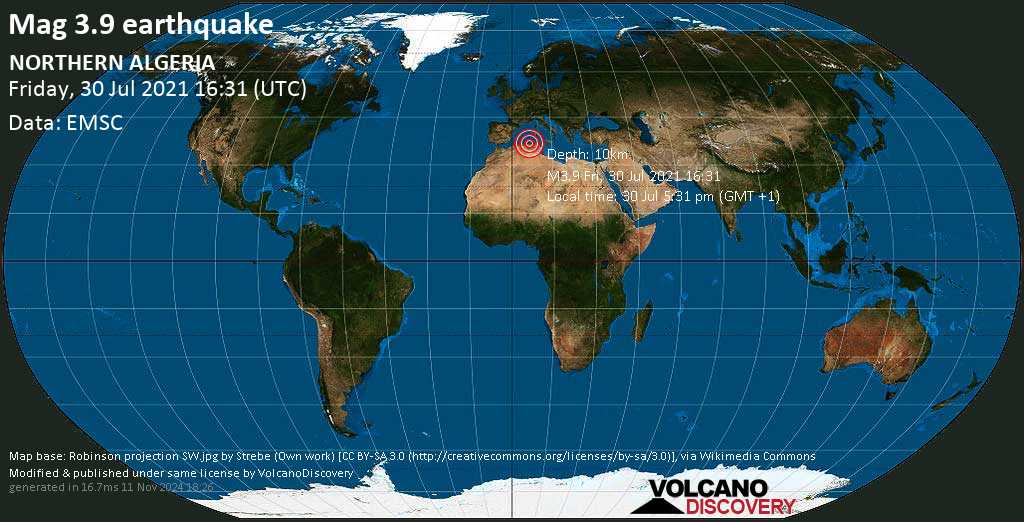 Earthquake Information: Average Mag.  3.9 earthquake – Jijel, 23 km northeast of Mila, Algeria, on Friday 30 July 2021 at 16:31 (GMT)