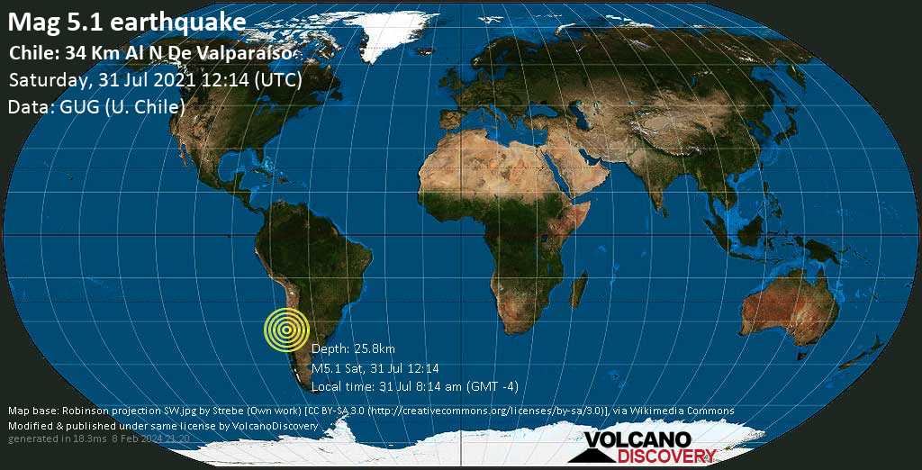 Informasi Gempa: Mag rata-rata.  Gempa 5.1 – Samudra Pasifik Selatan, 32 km utara Valparaiso, Chili, pada 31 Juli 08:14 (GMT -4)