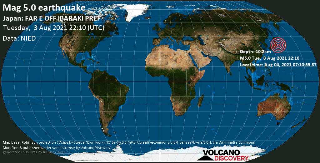 Strong mag. 5.0 earthquake - North Pacific Ocean, 137 km east of Mito, Ibaraki, Japan, on Wednesday, Aug 4, 2021 7:10 am (GMT +9)