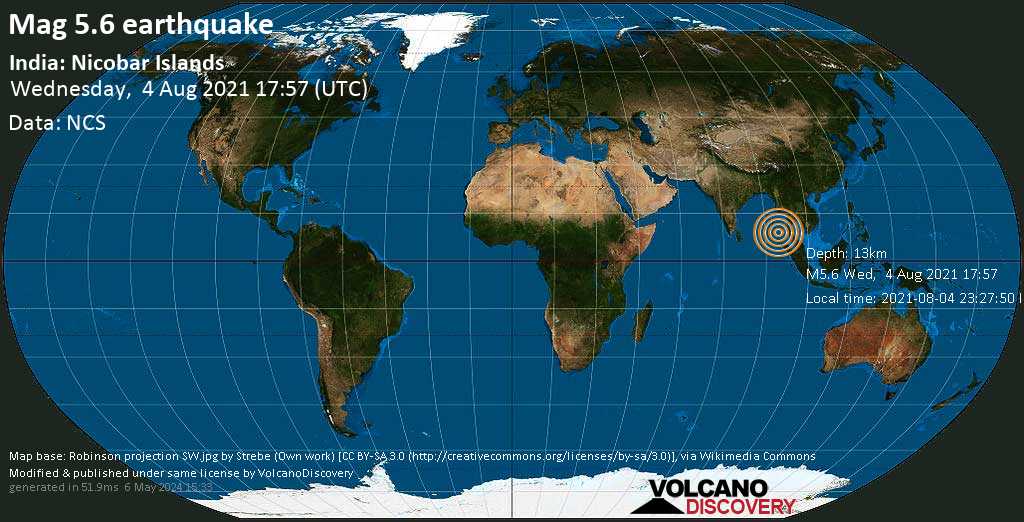 Strong mag. 5.6 earthquake - Andaman Sea, India, on Wednesday, Aug 4, 2021 at 11:27 pm (GMT +5:30)