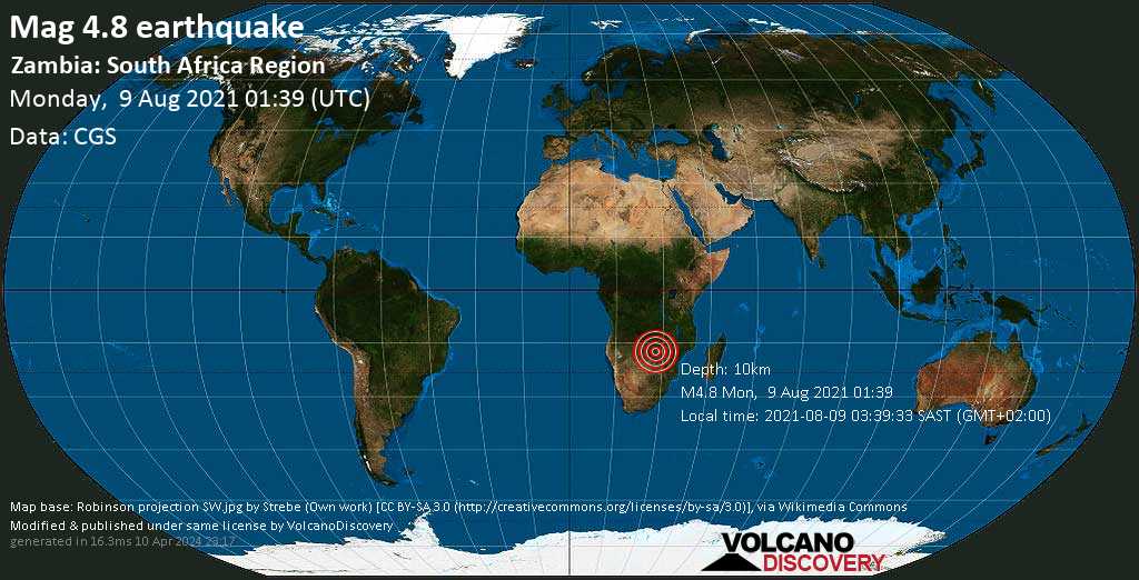 Moderate mag. 4.8 earthquake - 64 km southeast of Choma, Southern Province, Zambia, on Monday, Aug 9, 2021 at 3:39 am (GMT +2)