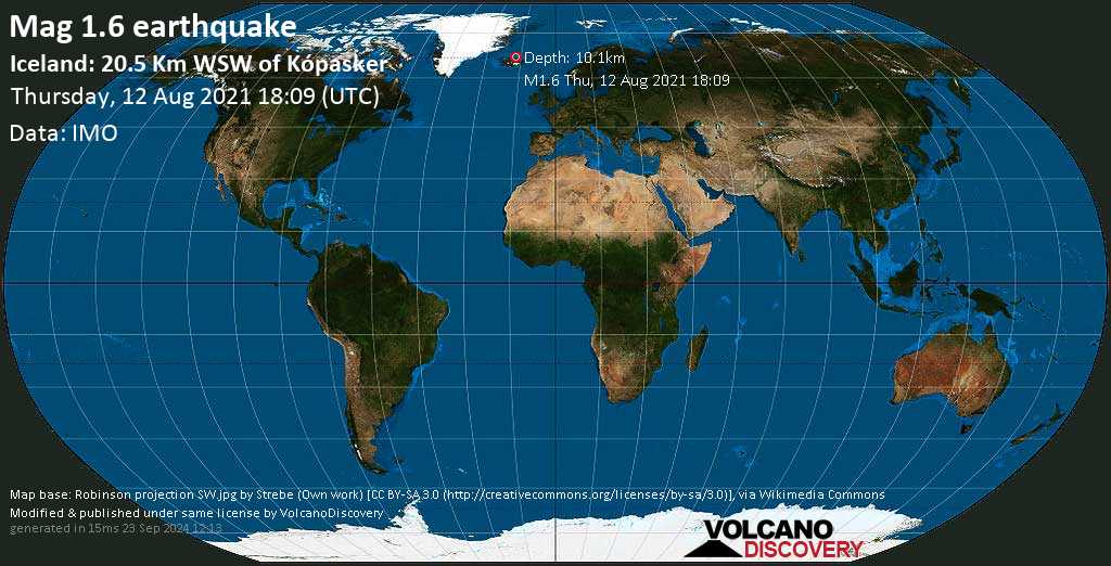 Quake Info Minor Mag 1 6 Earthquake Iceland 5 Km Wsw Of Kopasker On Thursday Aug 12 21 6 09 Pm Gmt 0 Volcanodiscovery