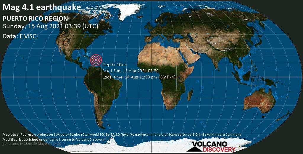 Quake Info Moderate Mag 4 1 Earthquake Caribbean Sea 37 Km Southwest Of Ponce Segundo Barrio Ponce Puerto Rico On Saturday 14 Aug 21 11 39 Pm Gmt 4 4 User Experience Reports Volcanodiscovery