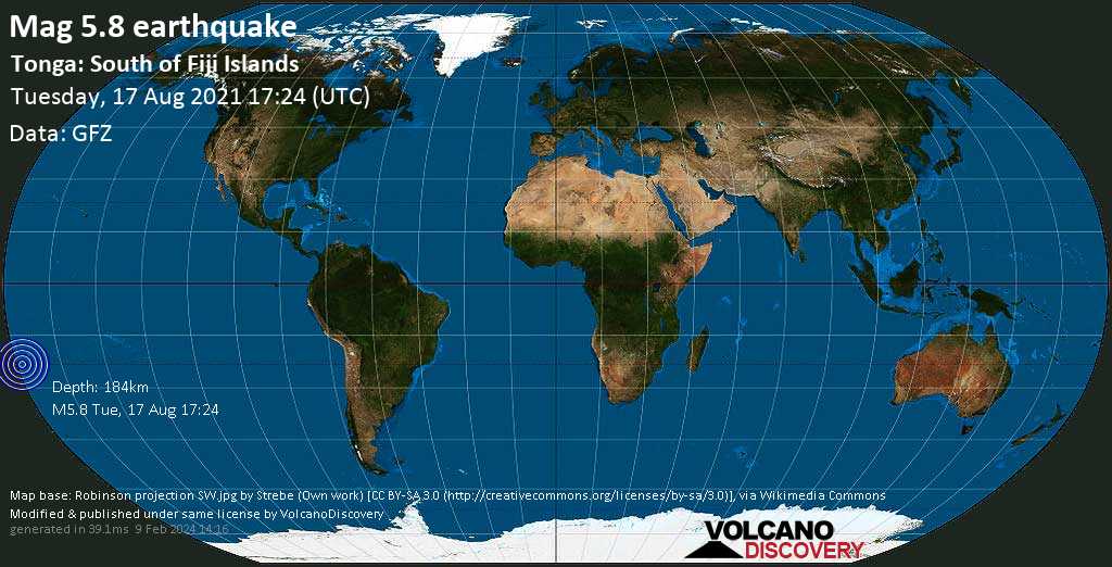 Moderate mag. 5.8 earthquake - South Pacific Ocean, 291 km southwest of Nukalofa, Nuku\'alofa, Tongatapu, on Wednesday, Aug 18, 2021 at 6:24 am (GMT +13)