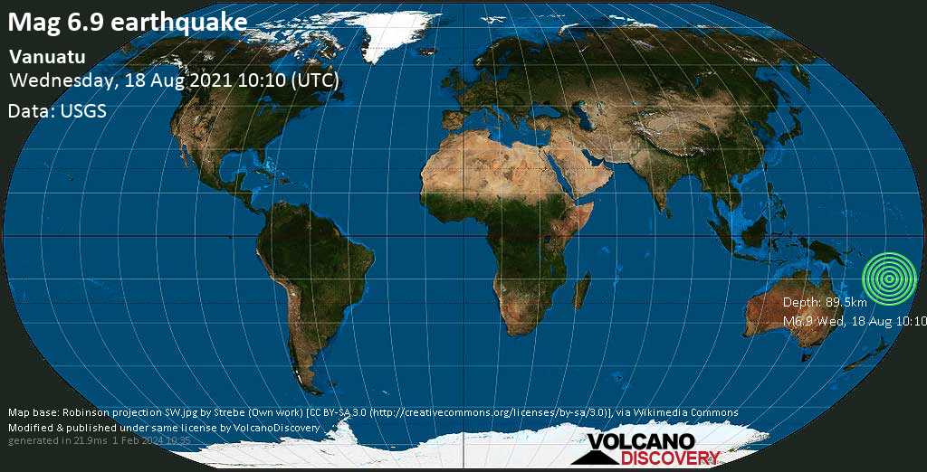 Terremoto forte mag. 6.9 - Coral Sea, 74 km a nord da Santo, Luganville, Sanma Province, Vanuatu, mercoledì, 18 ago 2021 21:10 (GMT +11)