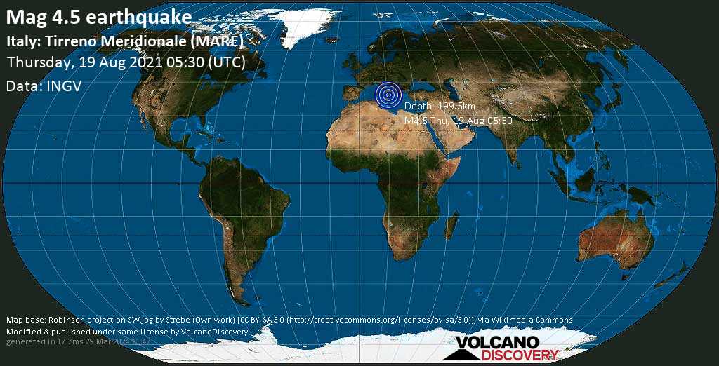 Light mag. 4.5 earthquake - Tyrrhenian Sea, 57 km west of Lamezia Terme, Italy, on Thursday, Aug 19, 2021 at 6:30 am (GMT +1)