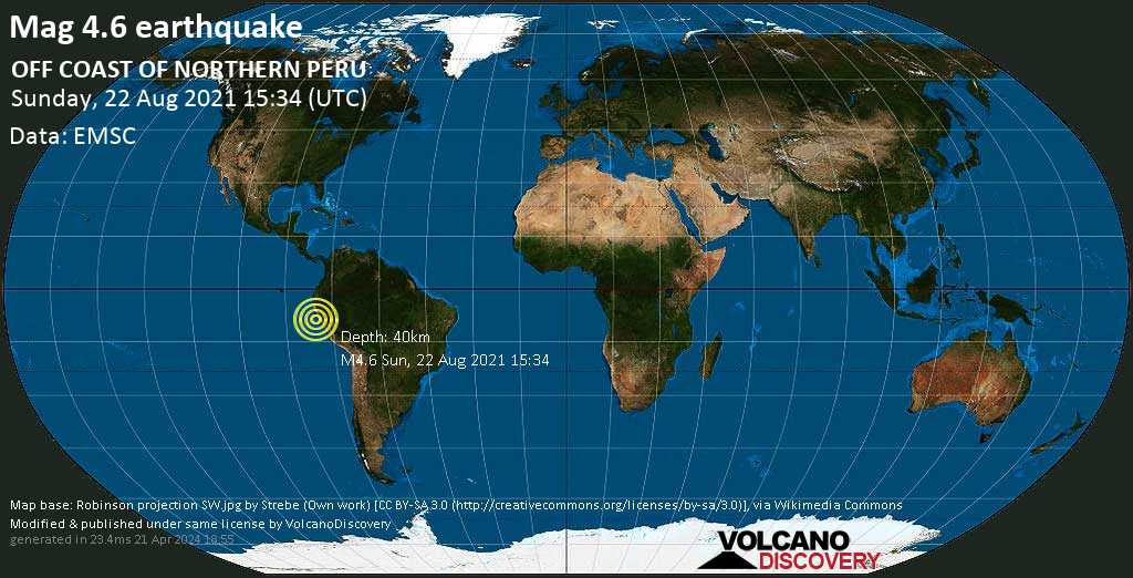 Sismo leggero mag. 4.6 - South Pacific Ocean, 92 km a sud ovest da Santiago de Cao, Perù, domenica, 22 ago 2021 10:34 (GMT -5)