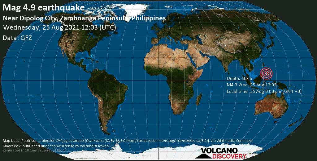 Terremoto moderado mag. 4.9 - Celebes Sea, 95 km E of Zamboanga, Zamboanga Peninsula, Philippines, miércoles, 25 ago 2021 20:03 (GMT +8)