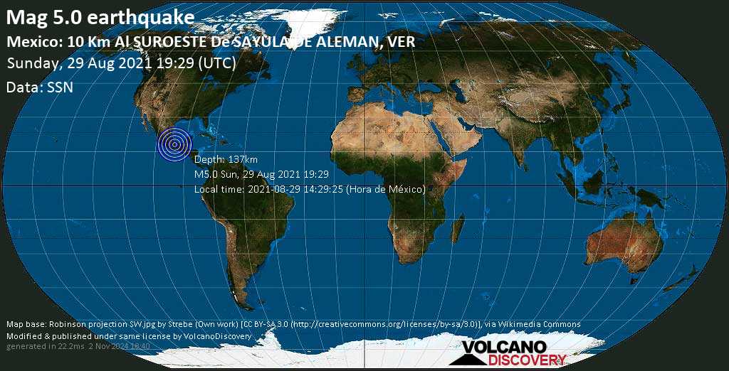 Earthquake Information: Average Mag.  5.0 earthquake – Sayola de Alemán, 18 km SW of Acayucan, Veracruz, Mexico, on Sunday, August 29, 2021 2:29 pm (GMT -5)