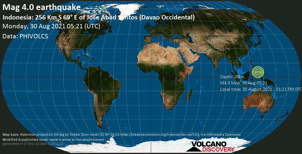 Mod moderat.  Gempa bumi 4.0 - Laut Filipina, Indonesia, 277 km tenggara Mati, Filipina, Senin 30 Agustus 2021 13:21 (GMT +8)