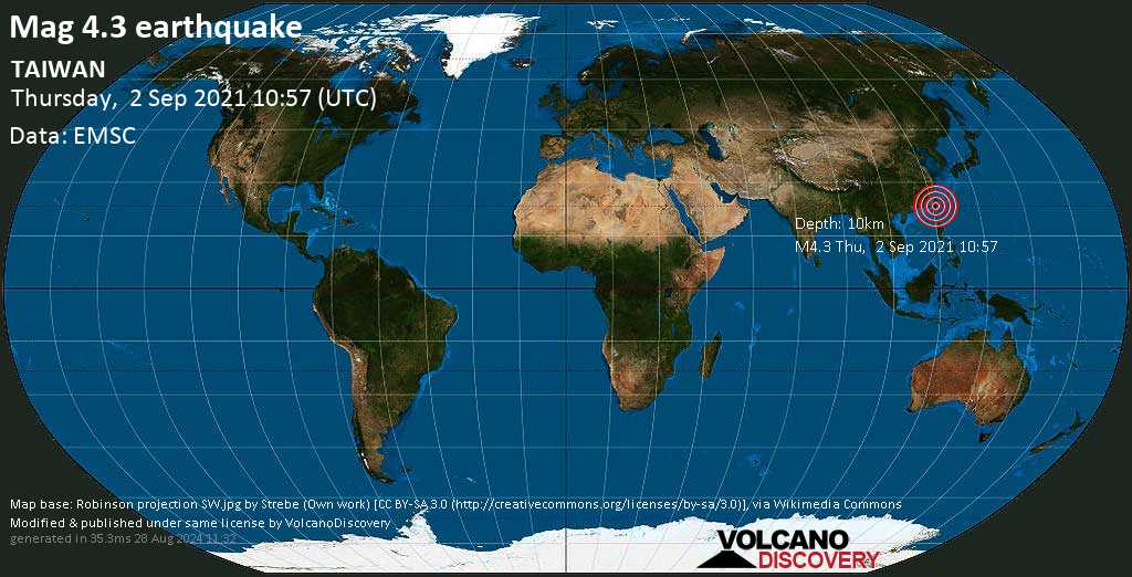 Quake Info Moderate Mag 4 3 Earthquake 49 Km Northeast Of Tainan City Taiwan On Thursday Sep 2 2021 6 57 Pm Gmt 8 2 User Experience Reports Volcanodiscovery