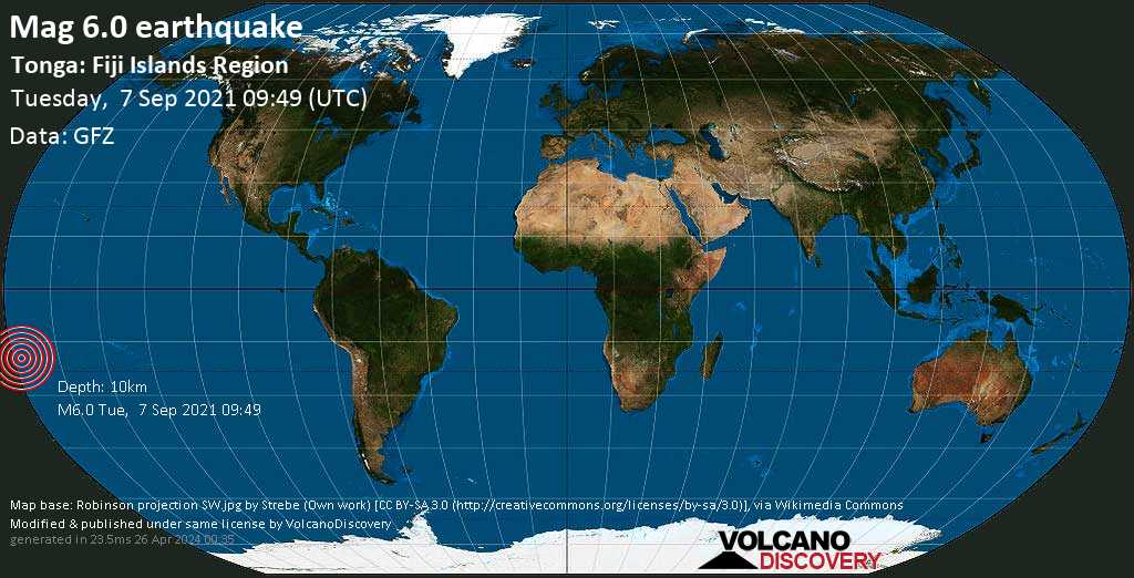 Очень сильное землетрясение магнитудой 6.0 - South Pacific Ocean, 215 km к северо-западу от Нукуалофа, Тонга, Вторник  7 сен 2021 в 22:49 (GMT +13)
