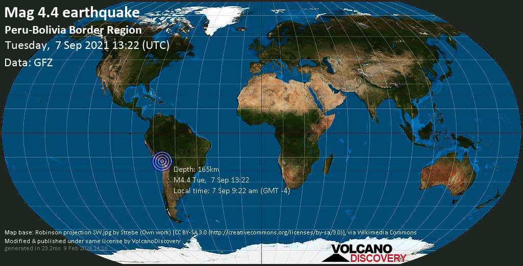 Light mag. 4.4 earthquake - 158 km southwest of La Paz, Bolivia, on Tuesday, Sep 7, 2021 at 9:22 am (GMT -4)