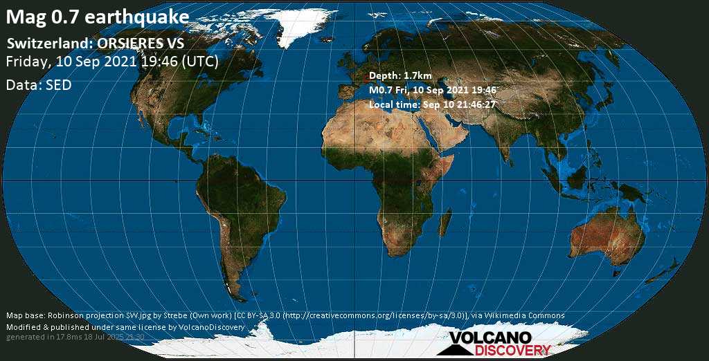 Sismo muy débil mag. 0.7 - Switzerland: ORSIERES VS, viernes, 10 sep 2021 21:46 (GMT +2)