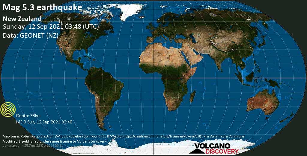 Earthquake Information: Average Mag.  5.3 earthquake – South Pacific Ocean, New Zealand, on Sunday, September 12, 2021 3:48 pm (GMT +12)