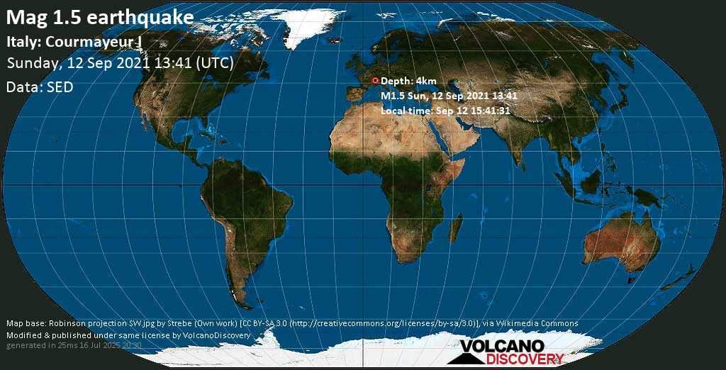 Sismo muy débil mag. 1.5 - 28 km NW of Aosta, Aosta Valley, Italy, domingo, 12 sep 2021 15:41 (GMT +2)