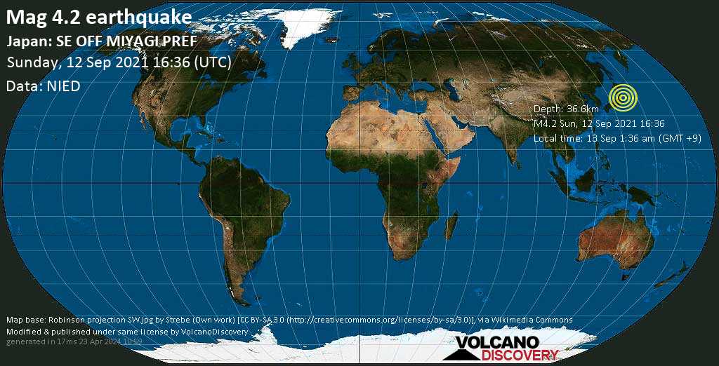 Séisme faible mag. 4.2 - Océan Pacifique Nord, 83 km au sud-est de Ishinomaki, Japon, lundi, 13 sept. 2021 01:36 (GMT +9)