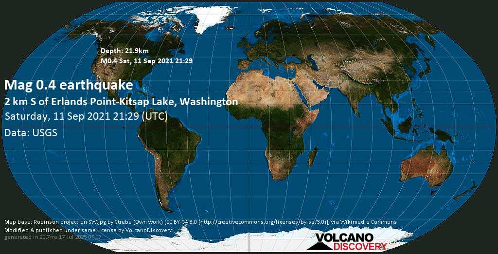 Séisme mineur mag. 0.4 - 2 Km S of Erlands Point-Kitsap Lake, Washington, samedi, 11 sept. 2021 14:29 (GMT -7)