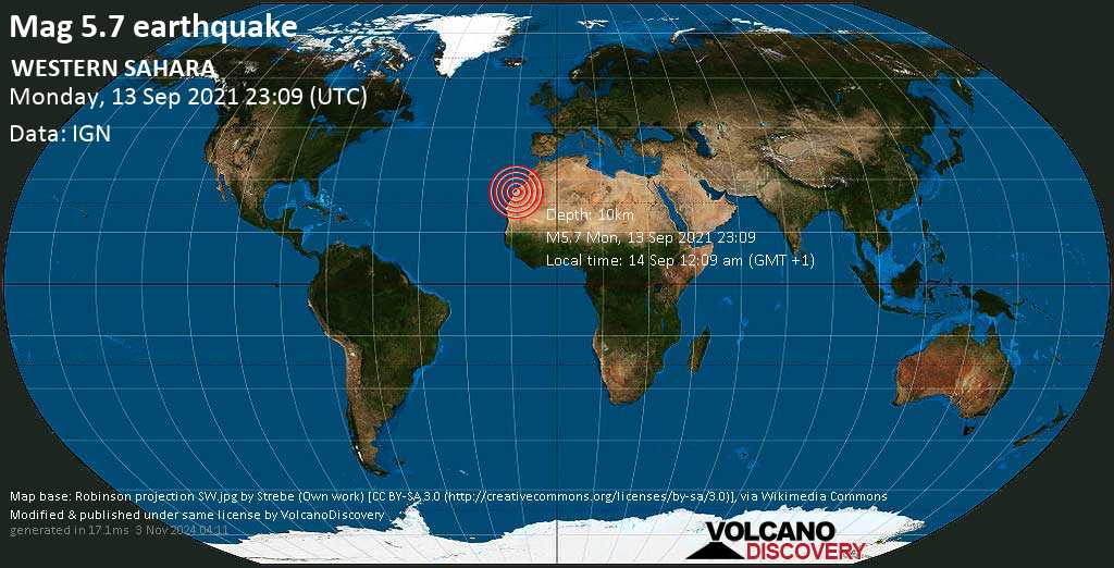 Earthquake info: Strong mag.  5.7 – 97 km earthquake south of El-Ayoun, Western Sahara, on Tuesday, September 14, 2021, at 12:09 am (GMT +1)