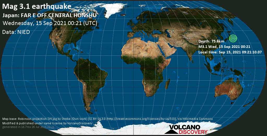 Minor mag. 3.1 earthquake - North Pacific Ocean, 238 km east of Tokyo, Japan, on Wednesday, Sep 15, 2021 9:21 am (GMT +9)