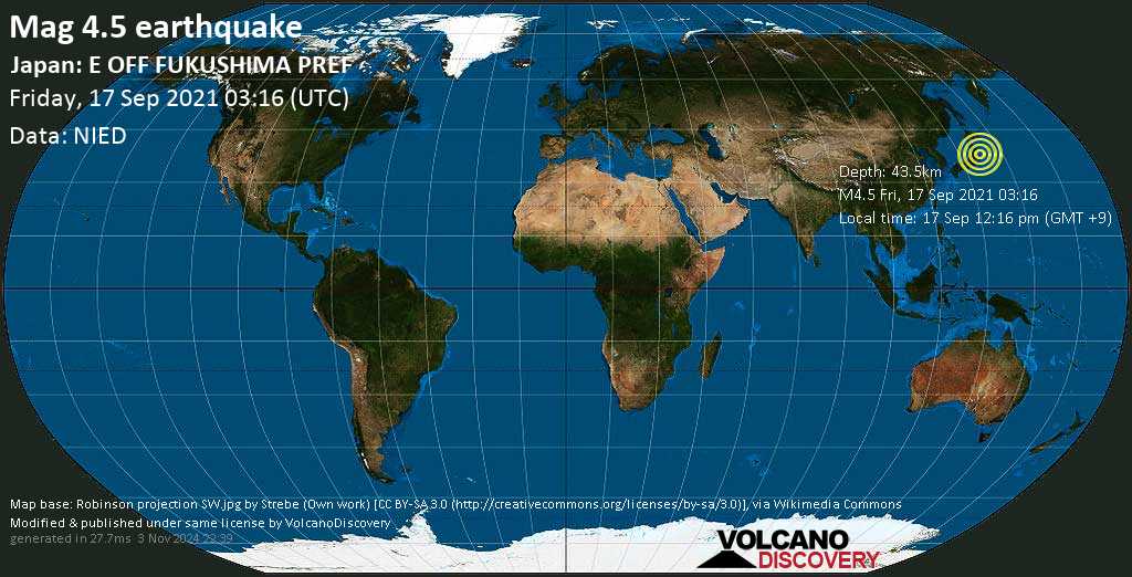 Earthquake Info: Light Mag.  4.5 – North Pacific earthquake, 68 km southeast of Watari, Miyagi, Japan, on Friday, September 17, 2021, 12:16 pm (GMT +9)