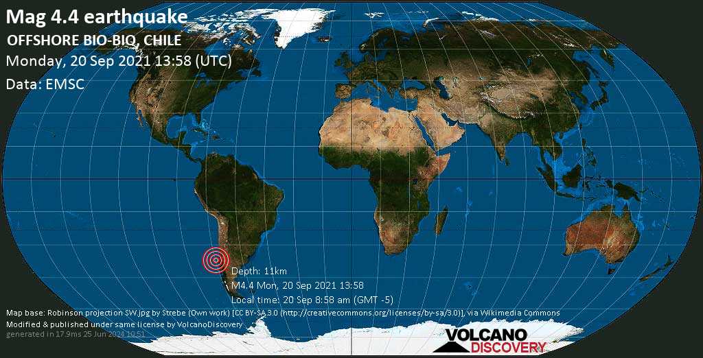 Informasi Gempa: Mag rata-rata.  4.4 – Gempa Pasifik Selatan, 90 km barat Concepcion, wilayah del Biobio, Chili, pada Senin, 20 September 2021 8:58 (GMT -5)