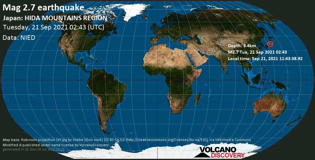 Weak mag. 2.7 earthquake - Takayama Shi, Gifu, 24 km west of Hotaka, Azumino-Shi, Nagano, Japan, on Tuesday, Sep 21, 2021 11:43 am (GMT +9)