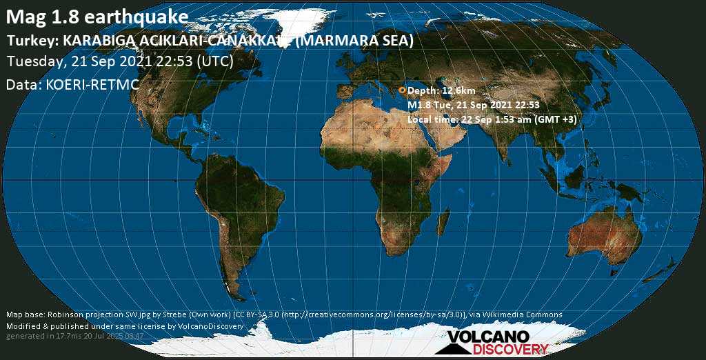 Sismo muy débil mag. 1.8 - Sea of Marmara, 34 km N of Biga, Canakkale, Turkey, miércoles, 22 sep 2021 01:53 (GMT +3)