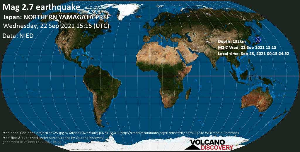 Minor mag. 2.7 earthquake - Mogami-gun, 24 km east of Tsuruoka, Yamagata, Japan, on Thursday, Sep 23, 2021 12:15 am (GMT +9)