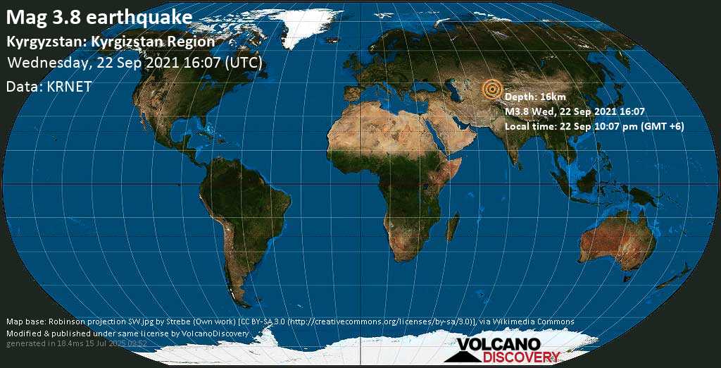 Séisme faible mag. 3.8 - 47 km à l\'ouest de Toktogul, Jalal-Abad oblast, Kirghizistan, mercredi, 22 sept. 2021 22:07 (GMT +6)