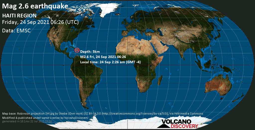 Weak mag. 2.6 earthquake - Arrondissement de Croix des Bouquets, 24 km southeast of Pétionville, Haiti, on Friday, Sep 24, 2021 2:26 am (GMT -4)
