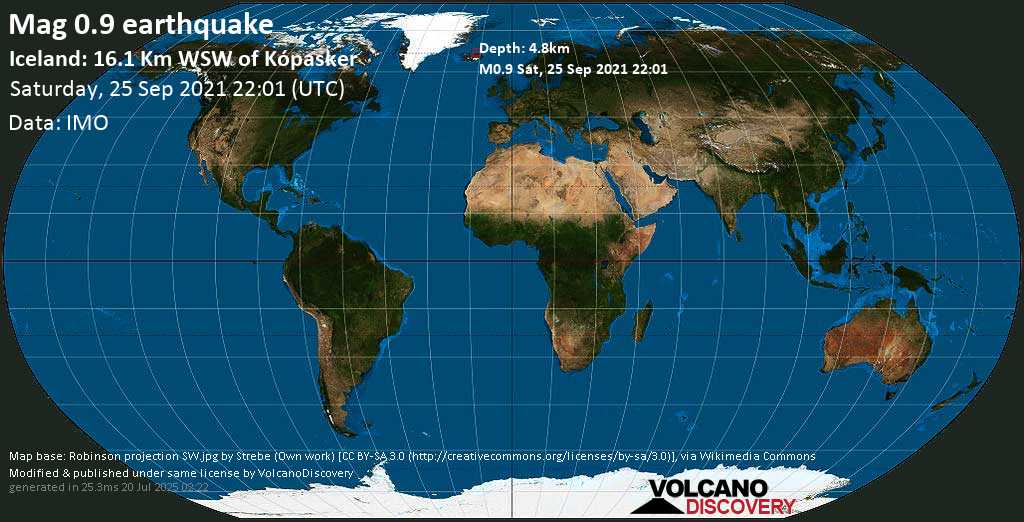 Sismo muy débil mag. 0.9 - Iceland: 16.1 Km WSW of Kópasker, sábado, 25 sep 2021 22:01 (GMT +0)