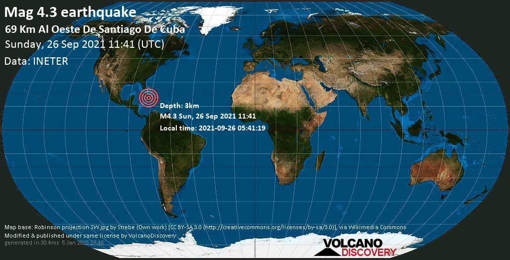 Earthquake Information: Average Mag.  4.3 earthquake – Caribbean Sea, 58 km south of Bayamo, Granma, Cuba, on Sunday 26 September 2021 at 7:41 am (GMT-4)