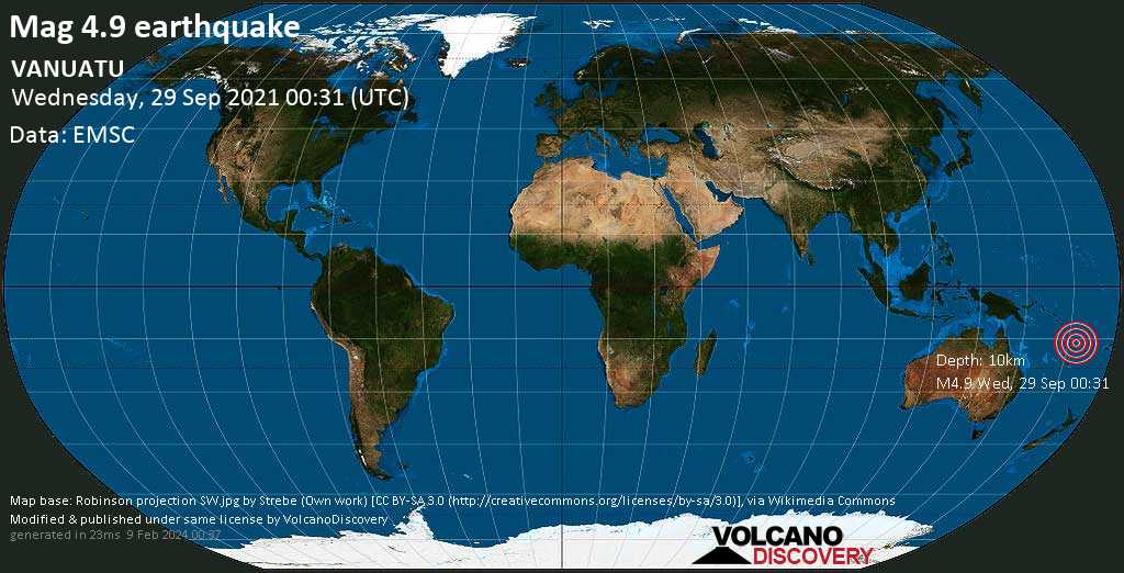 Terremoto moderato mag. 4.9 - Coral Sea, 84 km a sud ovest da Santo, Luganville, Sanma Province, Vanuatu, mercoledì, 29 set 2021 11:31 (GMT +11)