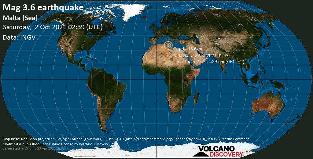 Light mag. 3.6 earthquake - Eastern Mediterranean, 130 km south of Birkirkara, Malta, on Saturday, Oct 2, 2021 at 4:39 am (GMT +2)