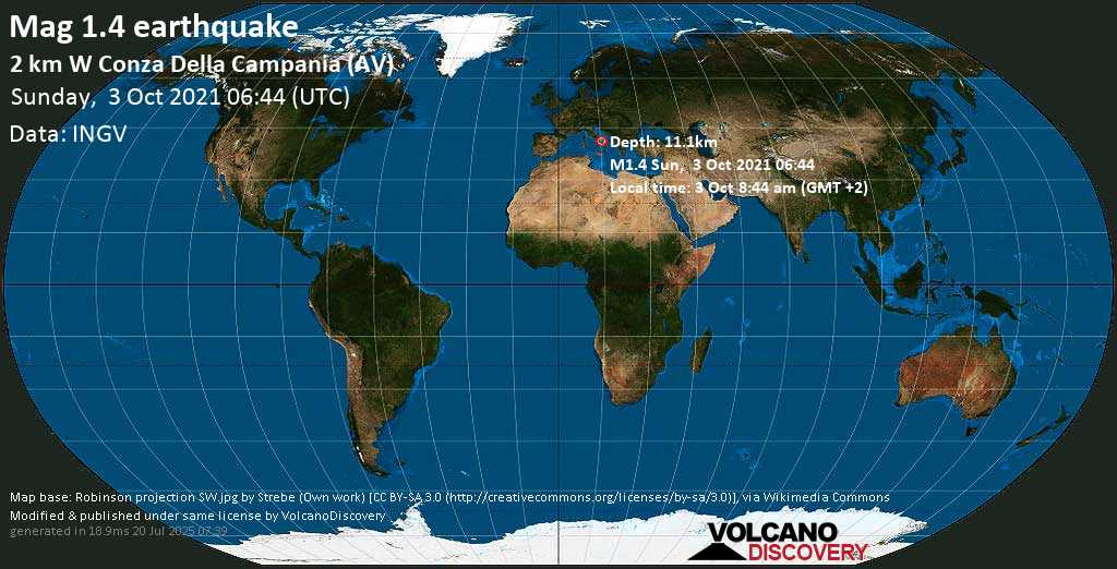 Séisme mineur mag. 1.4 - Italy: 2 Km W Conza Della Campania (AV), dimanche, 3 oct. 2021 08:44 (GMT +2)