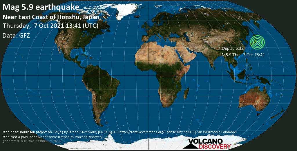 Strong mag. 5.9 earthquake - 14 km south of Chiba, Japan, on Thursday, Oct 7, 2021 at 10:41 pm (GMT +9)