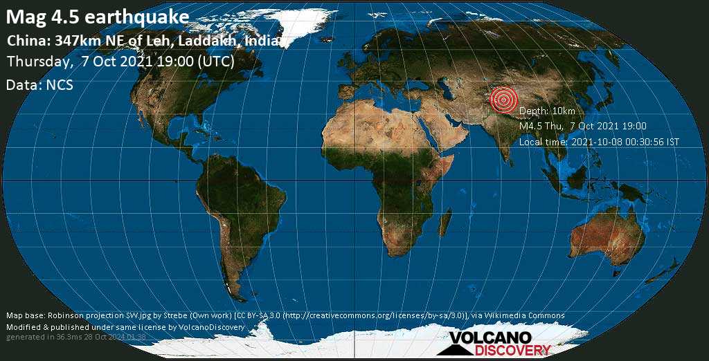 Earthquake Information: Average Mag.  4.5 – 127 km earthquake southeast of Hotan, Xinjiang, China, on Friday, October 8, 2021, at 3:00 AM (GMT +8)