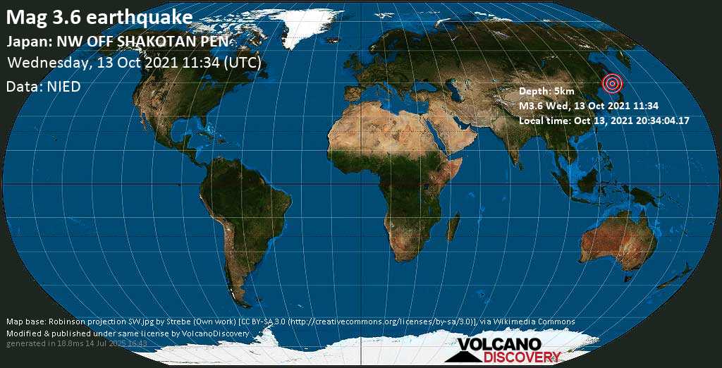 Light mag. 3.6 earthquake - Japan Sea, Japan, on Wednesday, Oct 13, 2021 8:34 pm (GMT +9)