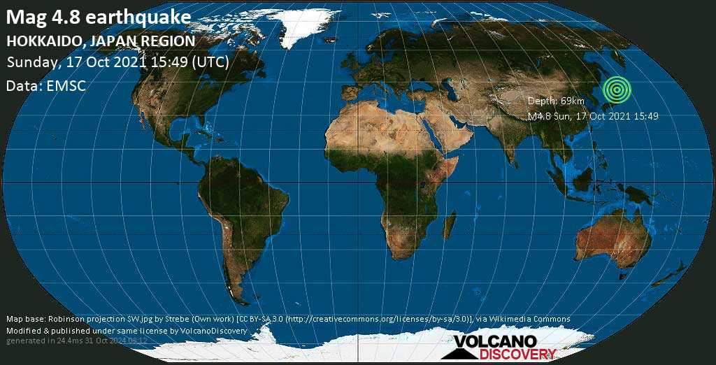 地震情報：Light mag。  4.8地震 – 日本の北太平洋、2021年10月18日12:49（GMT + 9）