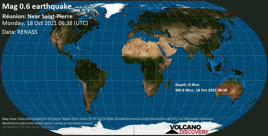 Minor mag. 0.7 earthquake - Réunion: Near Saint-Pierre on Monday, Oct 18, 2021 10:38 am (GMT +4)