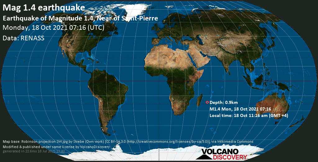 Minor mag. 1.4 earthquake - Réunion: Near Saint-Pierre on Monday, Oct 18, 2021 11:16 am (GMT +4)