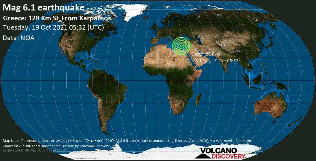 Strong mag. 6.1 Earthquake - Greece: 128 Km SE From Karpathos on Tuesday, Oct 19, 2021, at 07:32 am (GMT +2)