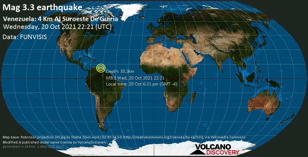 Weak mag. 3.3 earthquake - Sucre, Venezuela, on Wednesday, Oct 20, 2021 at 6:21 pm (GMT -4)