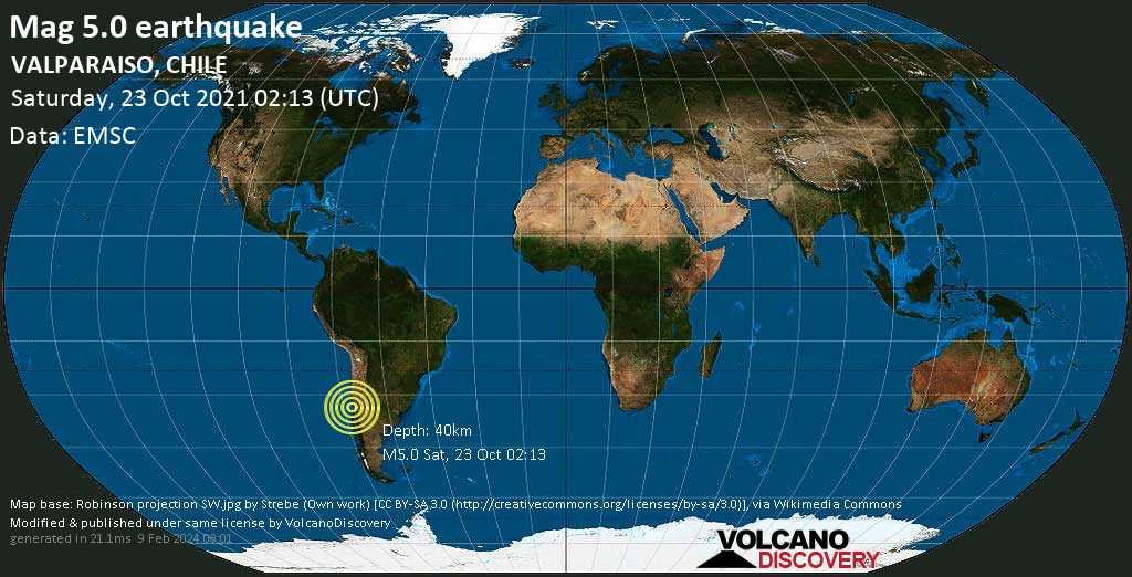 Información sobre terremotos: Mag. Promedio  Sismo de 5.0 – Provincia de San Antonio, 25 km al sur de Valparaíso, Chile, el viernes 22 de octubre de 2021 a las 11:13 pm (GMT -3)