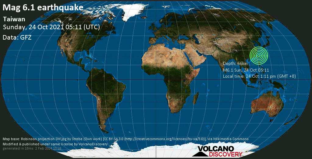 Forte magg.  Terremoto 6.1 – Mare delle Filippine, 33 km a sud-est di Yilan, Taiwan, domenica 24 ottobre 2021 13:11 (GMT +8)