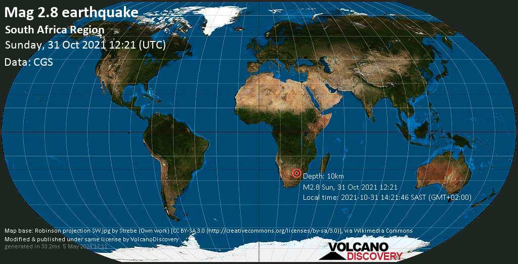 Sismo debile mag. 2.8 - 49 km a nord ovest da Rustenburg, Bojanala Platinum, North West, Sudafrica, domenica, 31 ott 2021 14:21 (GMT +2)