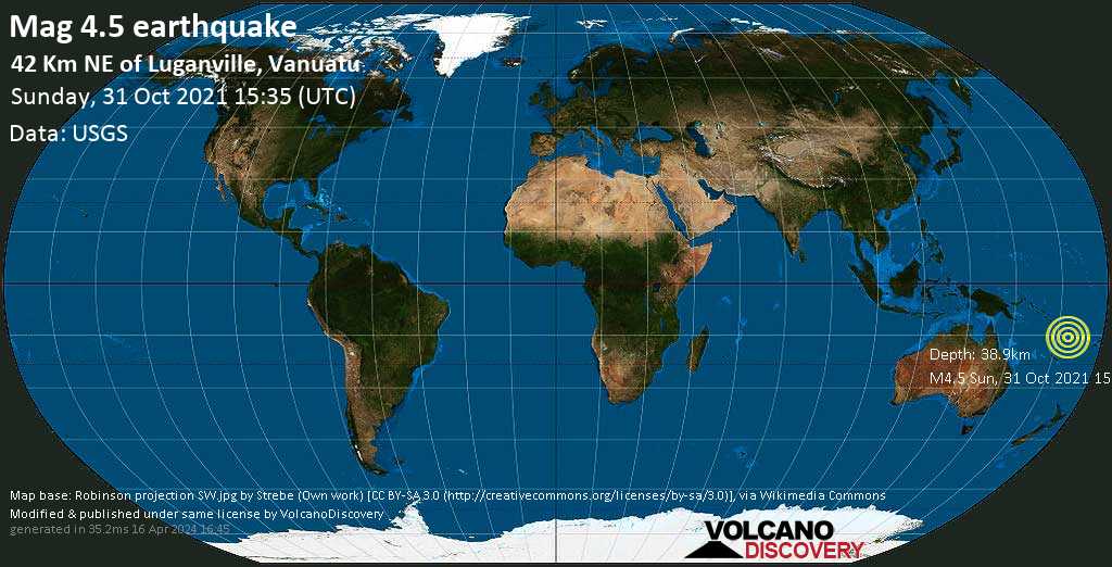 Sismo leggero mag. 4.5 - Coral Sea, 43 km a nord est da Santo, Luganville, Sanma Province, Vanuatu, lunedì,  1 nov 2021 02:35 (GMT +11)