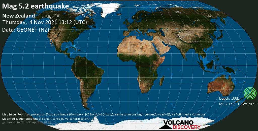Moderates Erdbeben der Stärke 5.2 - South Pacific Ocean, Neuseeland, am Freitag,  5. Nov 2021 um 01:12 Lokalzeit